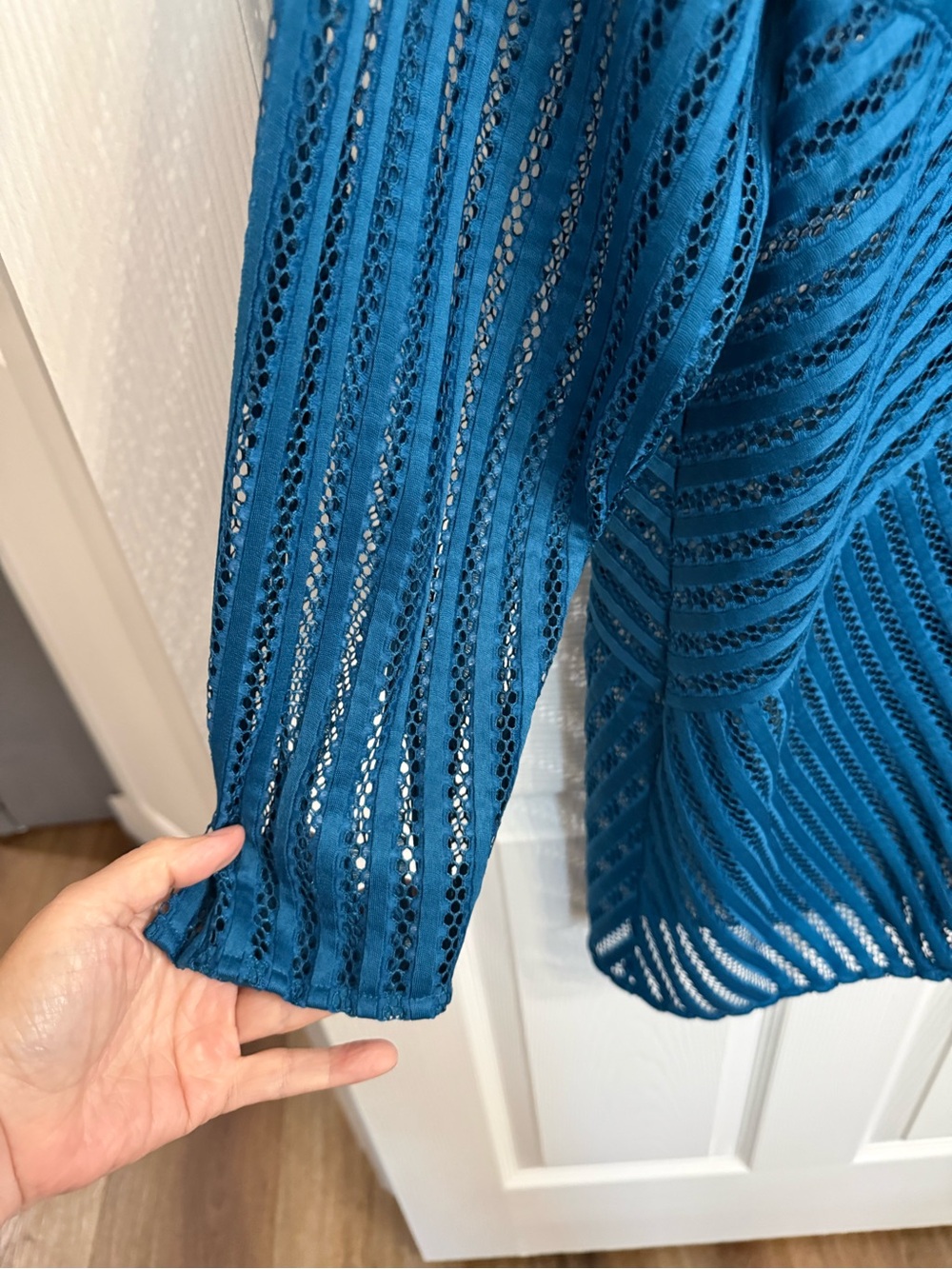 Chico’s Travelers Collection Teal Open Knit Mesh Cardigan Cover Up Tunic XL 3 - Picture 4 of 5